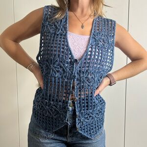 Vintage denim floral crochet vest